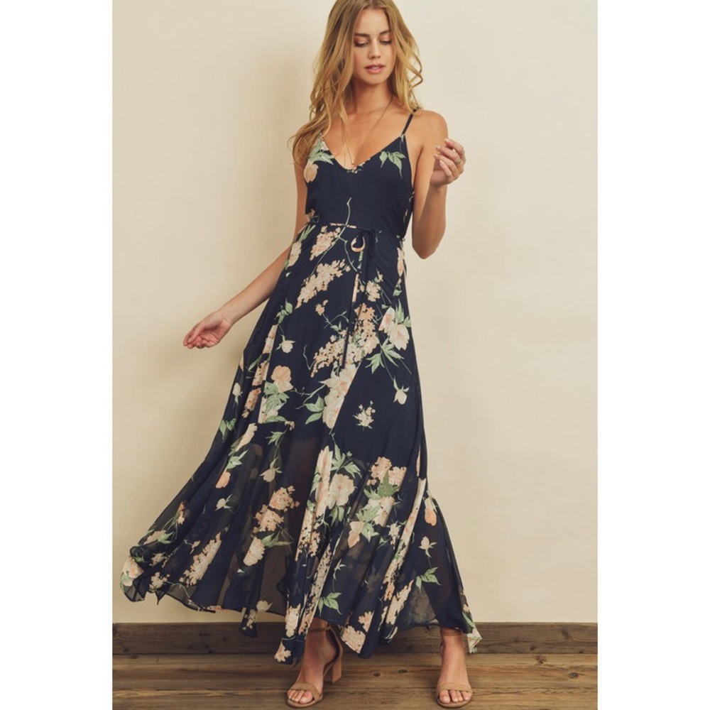 Navy floral flared hem wedding guest maxi dress - Picture 2 of 7